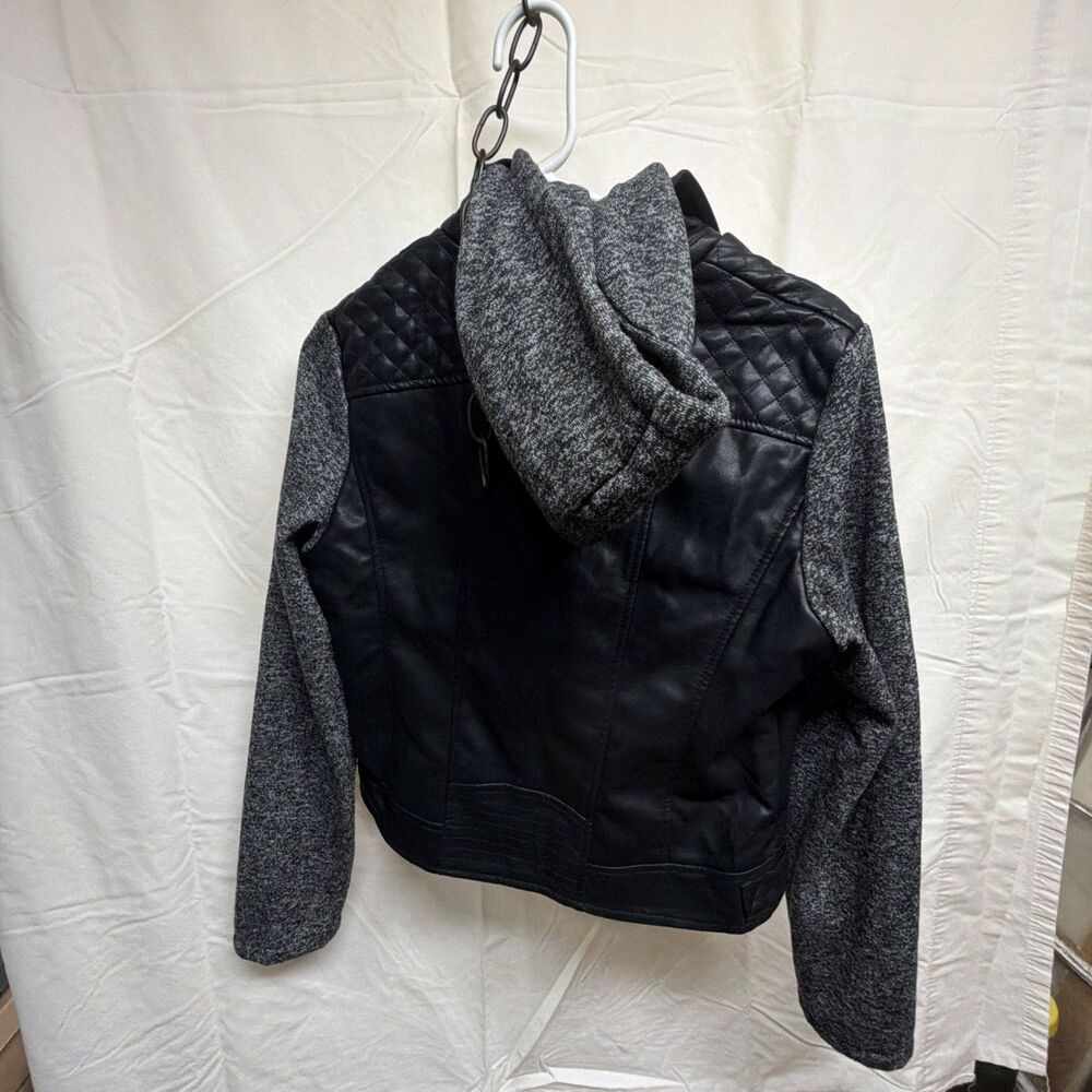 Bongo Women's Black Quilted Mixed Media Faux Leather Hooded Moto Jacket Size L